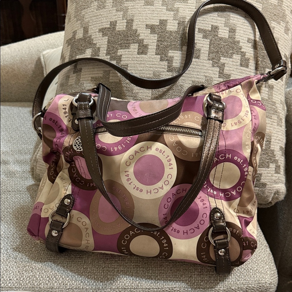 Coach Purple and Tan Signature Shoulder Bag
